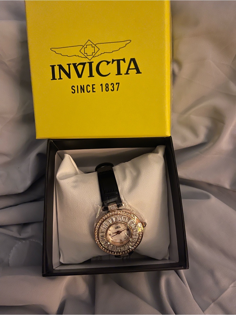 Invicta Rose Gold Crystal Dial Women's Watch with Black Strap
